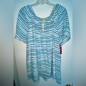 NWT Faded Glory Teal and White Striped Blouse
